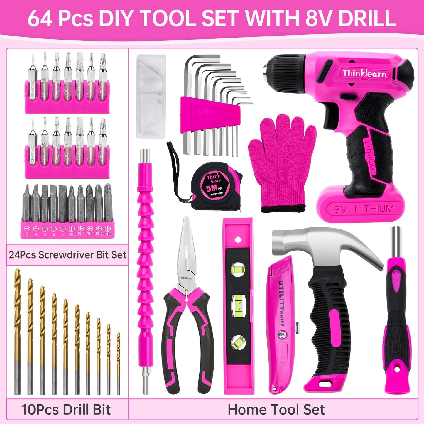 64PCS Pink Tool Set with Cordless Drill, 8V Power Drill and Pink Tool Kit for Women, 3/8"Keyless Chuck Electric Screwdriver Driver Kit for Home DIY - WoodArtSupply