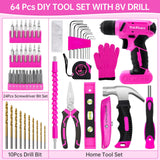 64PCS Pink Tool Set with Cordless Drill, 8V Power Drill and Pink Tool Kit for Women, 3/8"Keyless Chuck Electric Screwdriver Driver Kit for Home DIY ThinkLearn