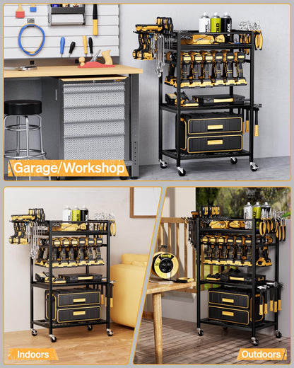FHXZH Power Tool Organizer with Wheels - 12 Cordless Drill Holder Rolling Tool Cart, 4 Layer Heavy Duty Metal Garage Storage Shelving for Drill,