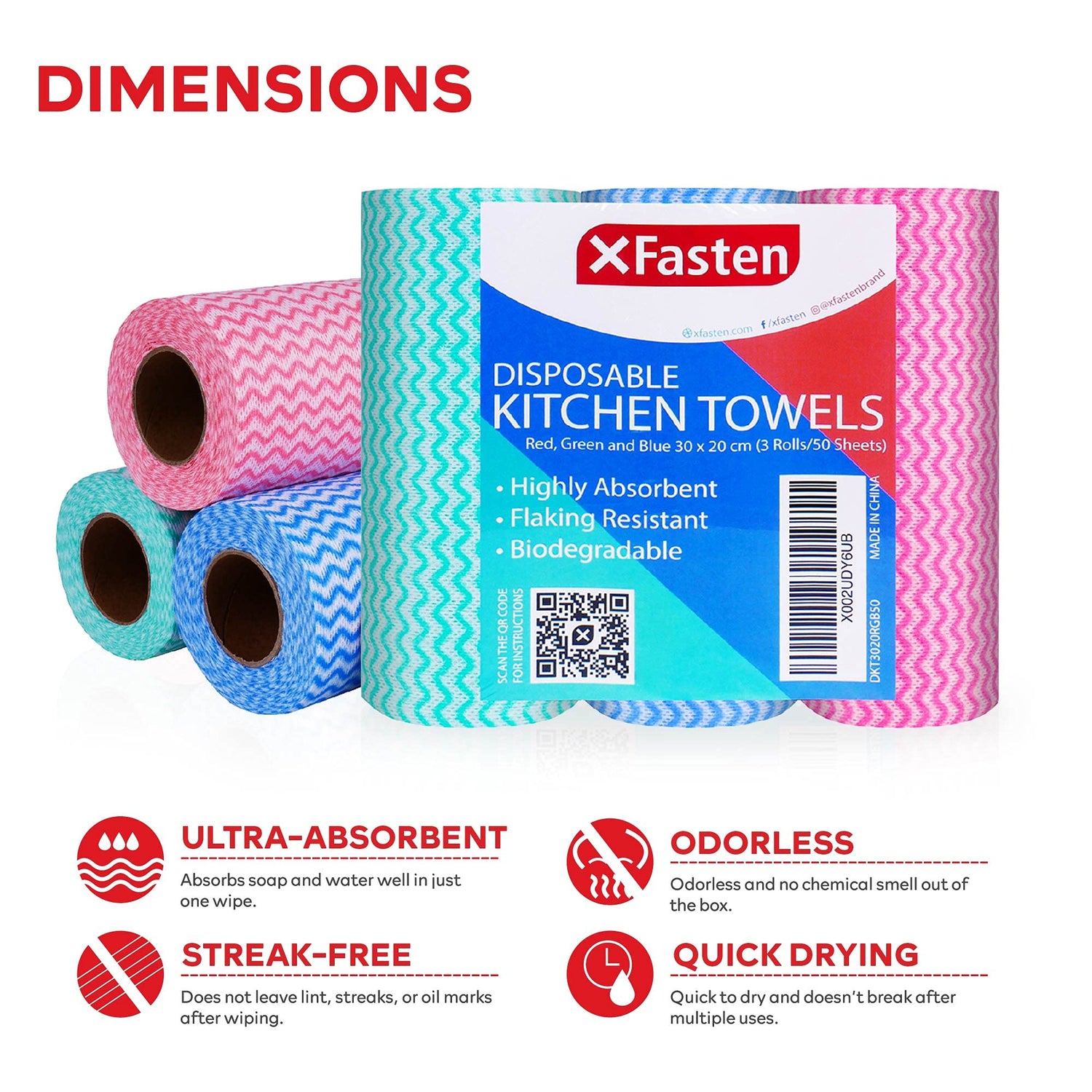 XFasten Disposable Kitchen Towels, 11.8 inches x 7.87 inches, Set of 3 (Red, Green, Blue 150 Total Sheets) Washable and Reusable Cleaning Cloths | XFasten