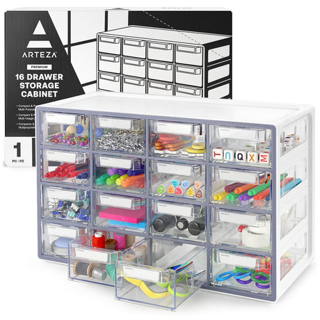 Arteza 16 Drawer Storage Cabinet, 17.7 x 8.2 x 10.9 inches, White, Plastic Drawers with Stoppers, Multi Compartment Organizer for Makeup and Art ARTEZA