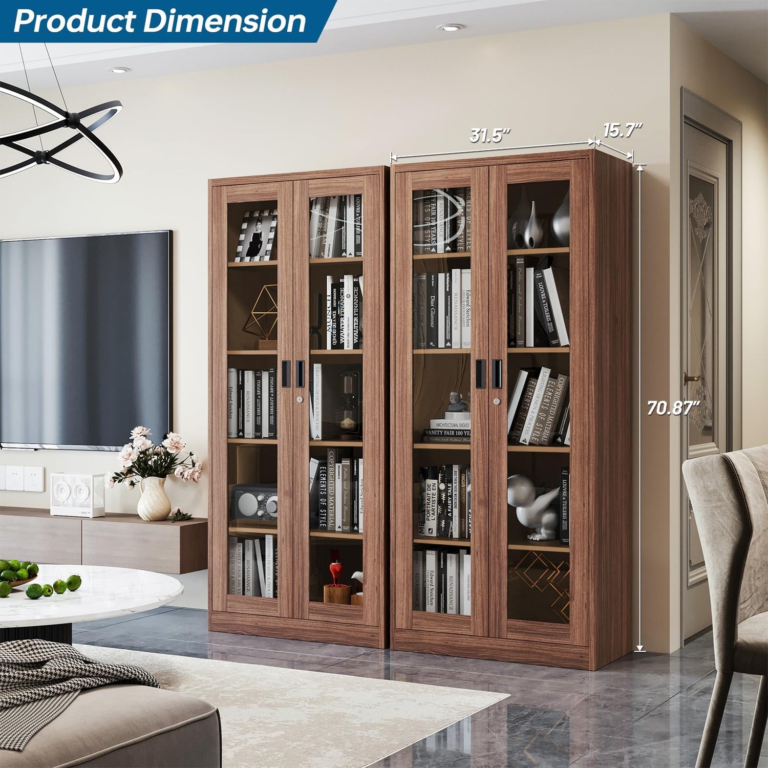 PEUKC Display Cabinet with Glass Doors, Curio Cabinets with 4 Adjustable Shelves, Locking Glass Cabinet Display Case for Home, Office, Clinic, PEUKC