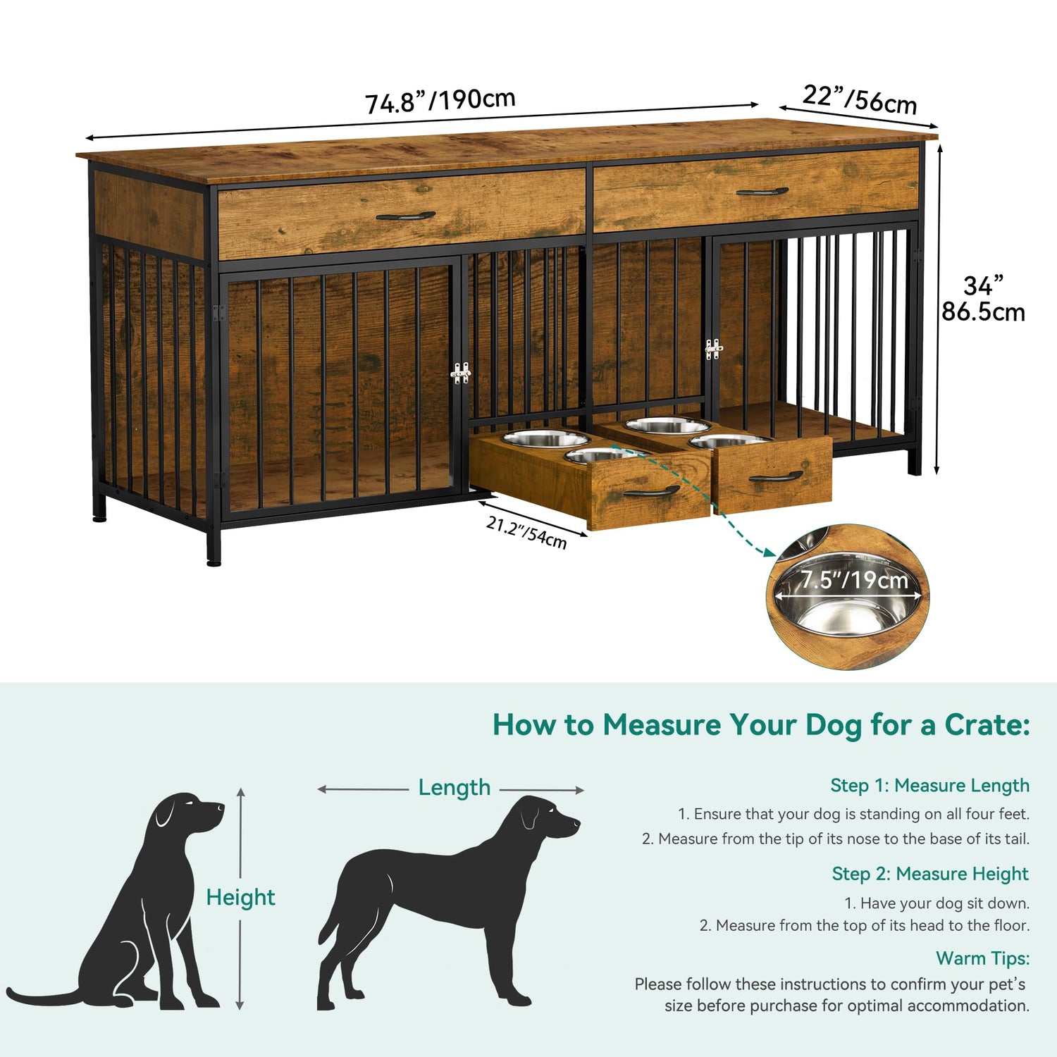 YITAHOME Dog Crate Furniture TV Stand Large Breed with Dog Feeder, 74.8" Inch Wooden Decorative Dog Kennel Furniture Indoor Heavy Duty Dog Crate with YITAHOME