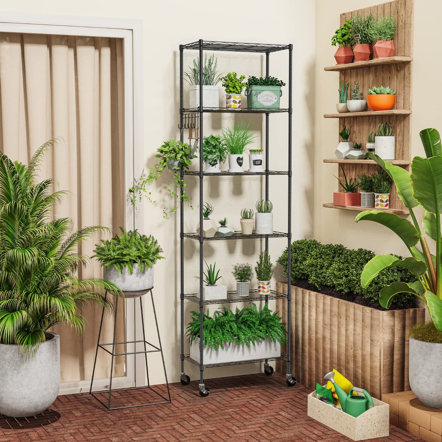 Homdox 6-Tier Storage Shelf Wire Shelving Unit Free Standing Rack Organization with Caster Wheels, Stainless Side Hooks, Black Homdox