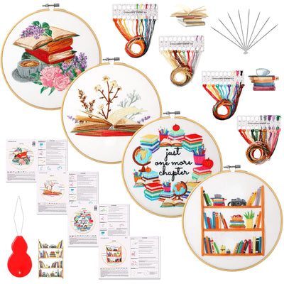 4 Set Embroidery Kit for Beginners Adults Cross Stitch Embroidery Kit for Book Lovers DIY Needlepoint Kit with Book Patterns, Instructions,