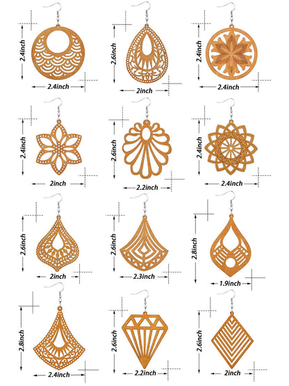 12 Pairs African Wooden Drop Earrings Bohemian Pendant Dangle Earrings Lightweight Ethnic Style Wood Earrings for Women (Chic Styles) - WoodArtSupply