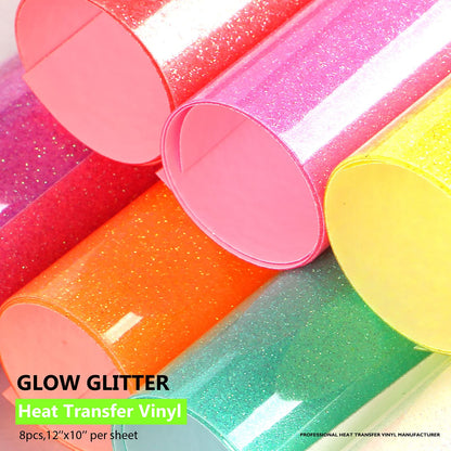 Glitter Glow in Dark Permanent Vinyl Iron on Shirts, Heflashor Glow in The  Dark HTV Vinyl for Party Luminous Heat Transfer Vinyl Sheets Bundle, 12x