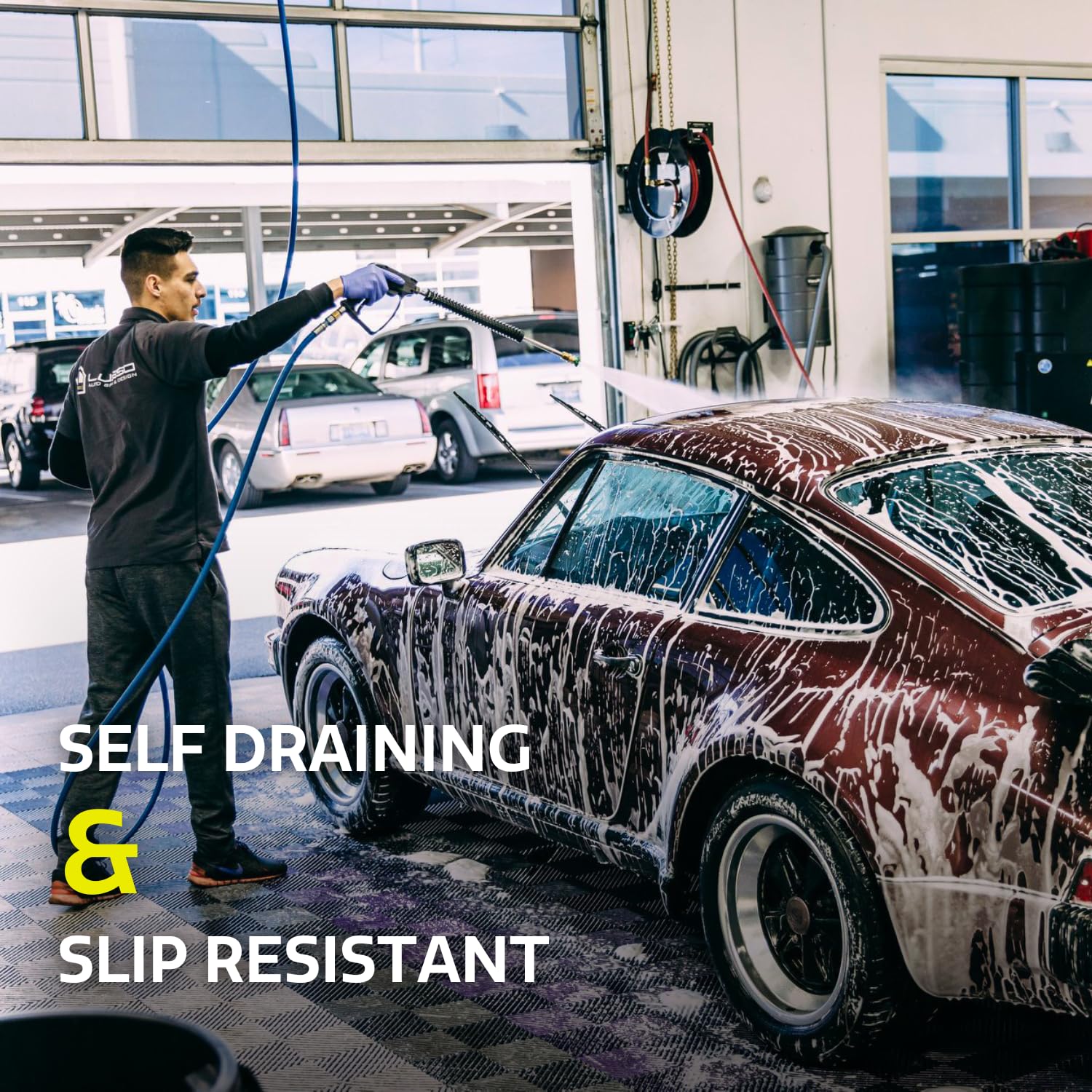 Big Floors RaceDeck Free-Flow Open Rib Self-Draining Design, Durable Copolymer Plastic Interlocking Modular Garage Flooring Tile (48 Pack), Graphite Big Floors