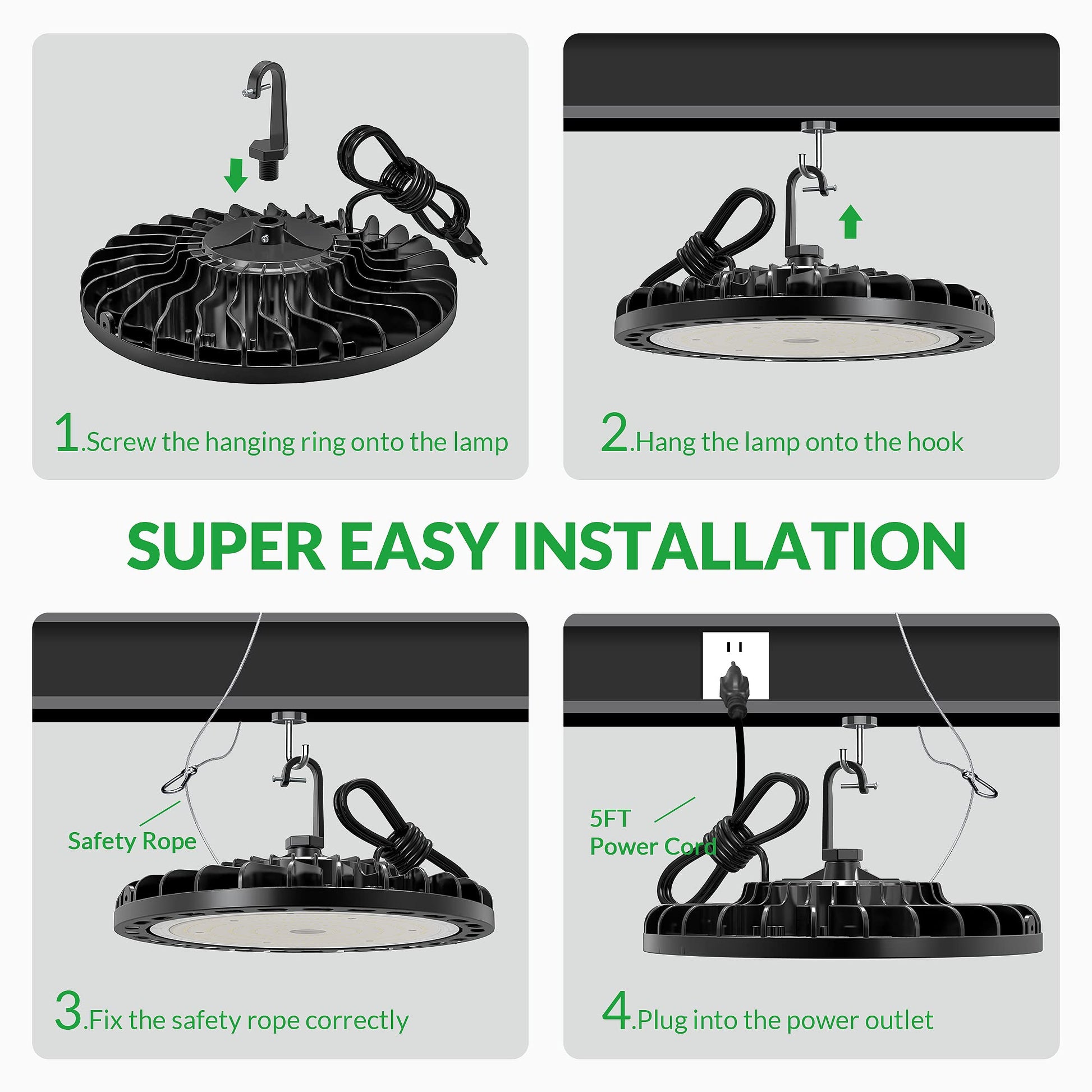 Flakeeper LED High Bay Light 150W, 21000 LM with US Plug 5ft Cable, 5000K Daylight, IP65 Waterproof, UFO Commercial Industrial Warehouse Workshop - WoodArtSupply