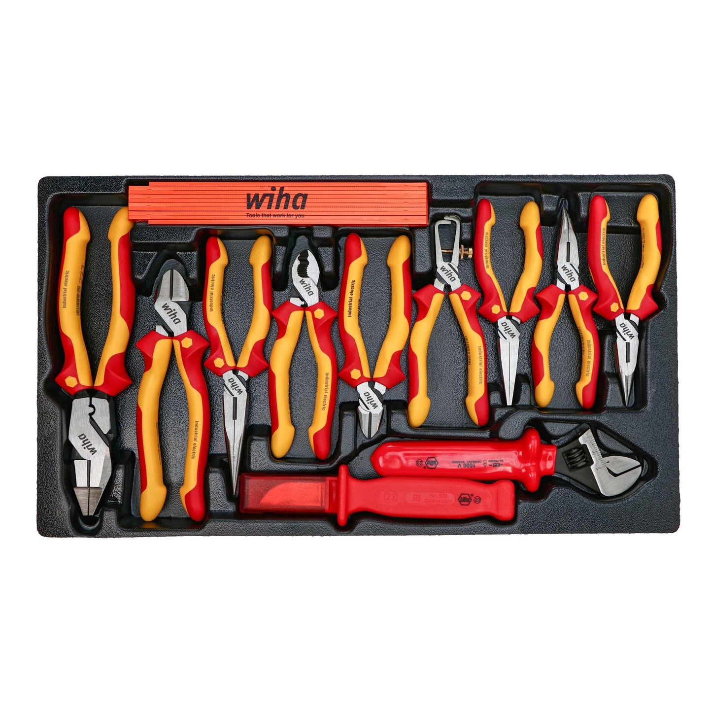 Wiha 32800 Insulated Tool Set with Screwdrivers, Nut Drivers, Pliers, Cutters, Ruler, Knife and Sockets in Rolling Tool Case, 10,000 Volt Tested and