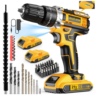 JayLene 21V Cordless Drill Set, Power Drill 59Pcs with 3/8 Inch Keyless Chuck, 25 3 Clutch Electric Drill with Work Light, Max torque 45Nm,