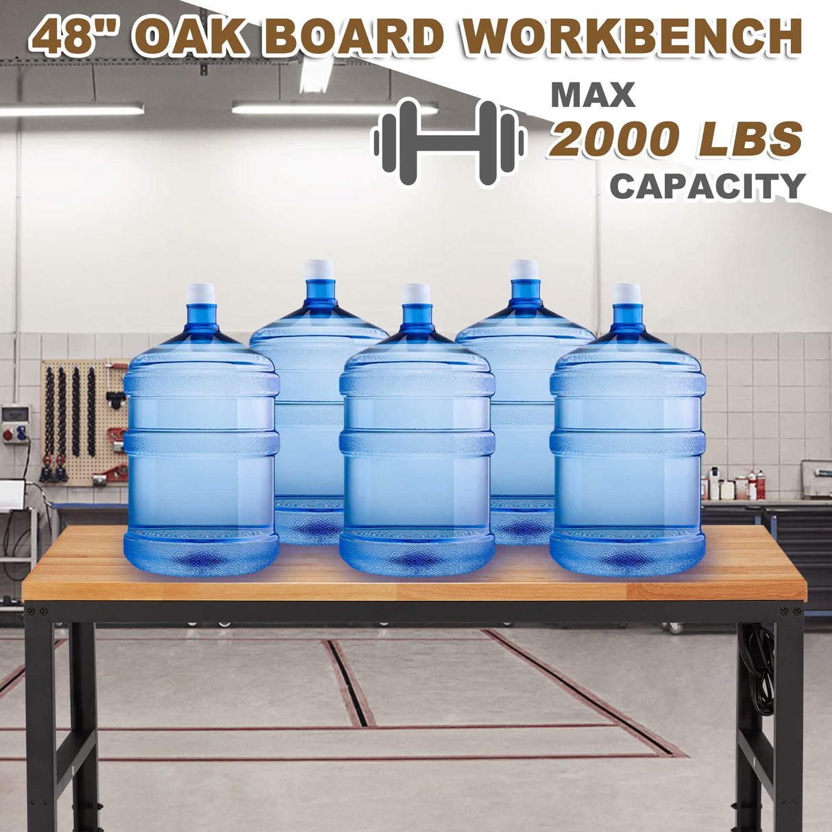 HABUTWAY Height Adjustable Workbench 48" 2000 Lbs Capacity Oak Wood Work Station Heavy-Duty Work Benches with Power Outlets for Garage Party Shop HABUTWAY