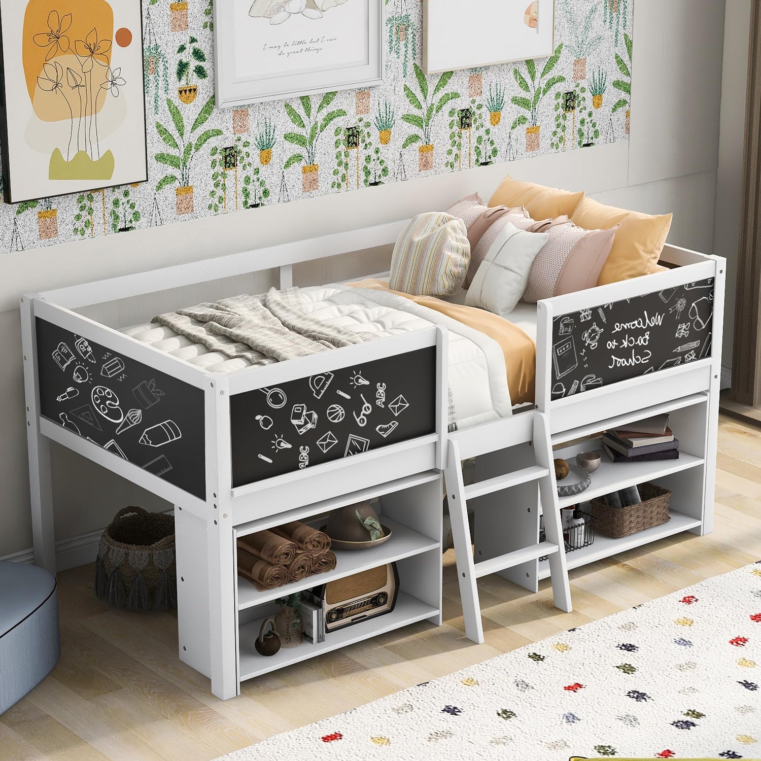 SOFTSEA Twin Size Low Loft Bed with Movable Shelves and Chalkboard - Space-Saving Wooden Design in White SOFTSEA