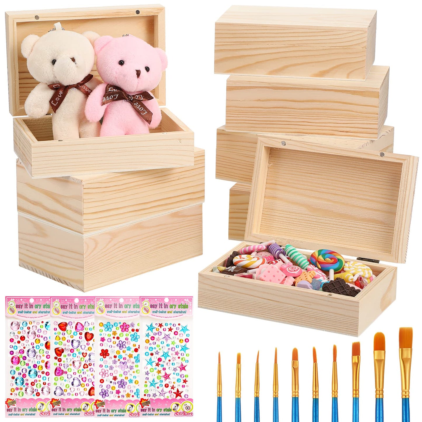 22 Pcs Unfinished Wooden Box with Hinged Lid and Magnetic Closure 5.5 x 3.5 x 2 Inch Rectangle Craft Wooden Box 10 Pcs Paint Brushes with 4 Sheets - WoodArtSupply