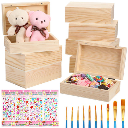 22 Pcs Unfinished Wooden Box with Hinged Lid and Magnetic Closure 5.5 x 3.5 x 2 Inch Rectangle Craft Wooden Box 10 Pcs Paint Brushes with 4 Sheets