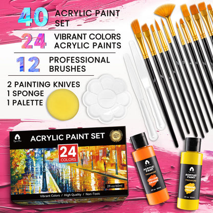 Deluxe Wooden Art Set & 40PCS Acrylic Paint Set with 12 Brushes, 2 Knives and Palette