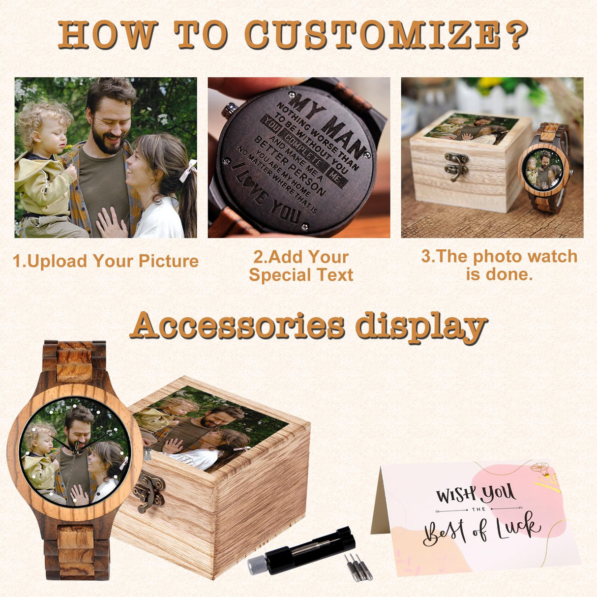 Personalized Customized Wooden Watch for Men Original Engraved Photo Natural Wood Watches with Adjustable Wristband for Birthday Anniversary Present DB-WINNER