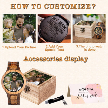 Personalized Customized Wooden Watch for Men Original Engraved Photo Natural Wood Watches with Adjustable Wristband for Birthday Anniversary Present - WoodArtSupply