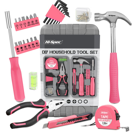 Hi-Spec 25pc Pink Household DIY Tool Kit for Women. Small Mini Tool Box Set of Starter Basic Ladies Tools For Home & Office Hi-Spec