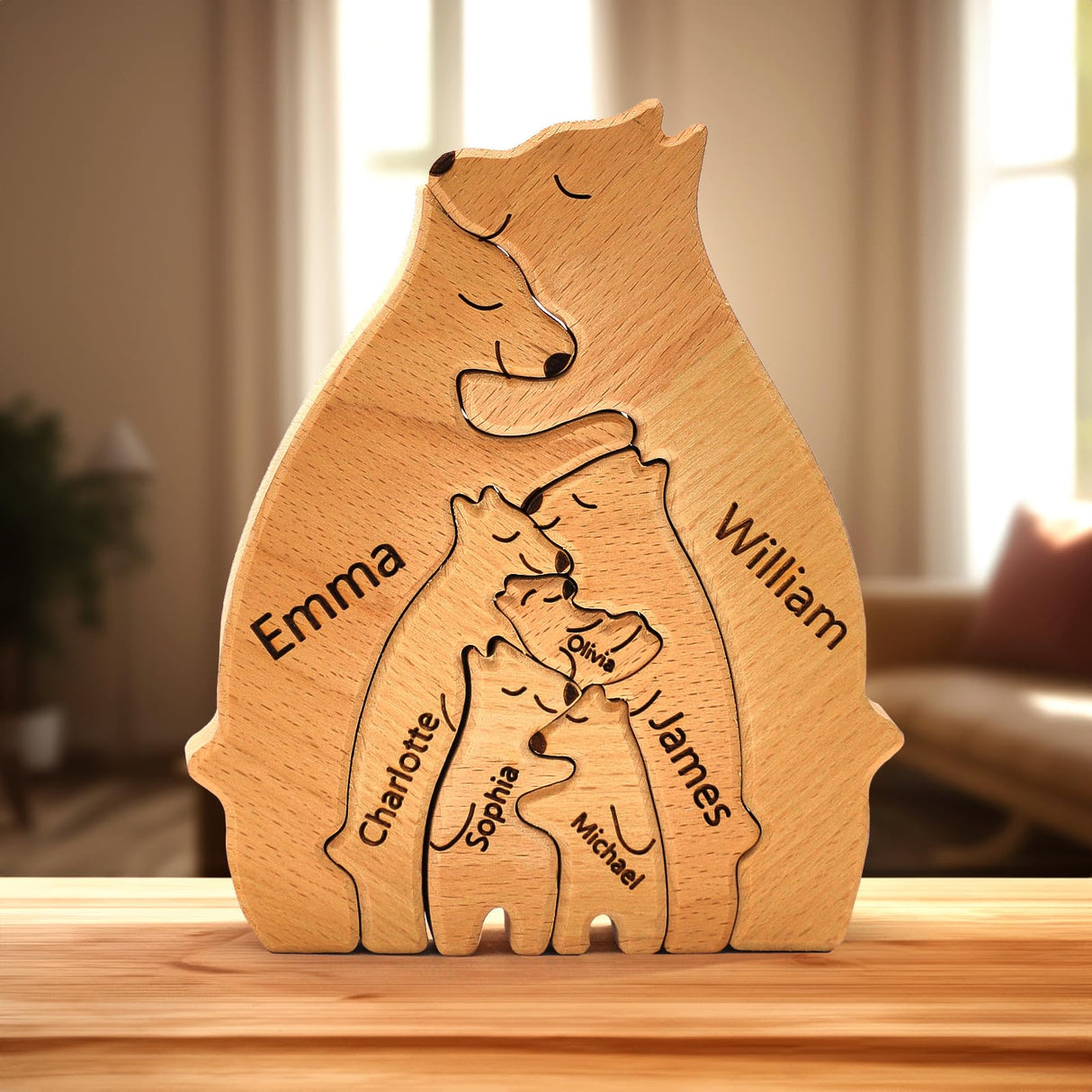 Personalized Wood Bear Puzzle with 1-8 Family Names, Custom Wooden Art Puzzle Gifts, Custom Family Name Sculpture, Home Decoration Christmas, Funmii