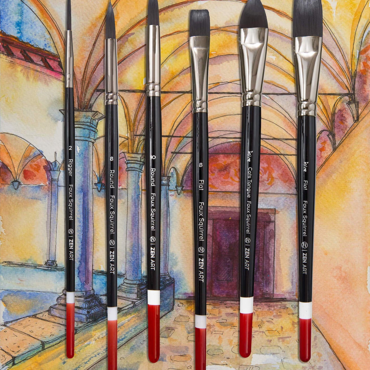 Watercolor Brushes Professional Synthetic Set - 6 Faux Squirrel Artist Watercolor Paint Brushes for Gouache, Acrylics, Ink and Wet Media. ZenART Supplies