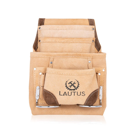 LAUTUS Leather Tool Pouch Bag |Carpenter, Construction, Framers, Handyman |2 Hammer Holders, 10 Pockets| LAUTUS