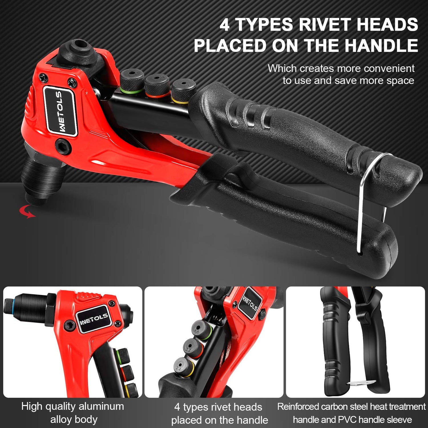 WETOLS Rivet Gun Kit with 120 Pcs Rivets, Manual Rivet Gun with 4 Interchangeable Rivet Heads and 4 Twist Drills, Pop Rivet Gun Kit with Blow Molded WETOLS