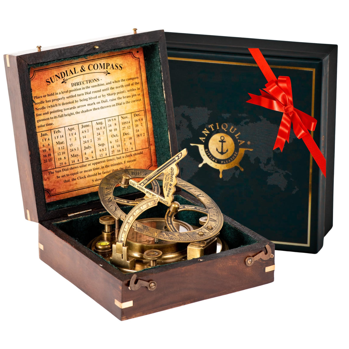 Antiqula 5 inch Large Sundial Compass with Wooden Rosewood Box, Perfectly Calibrated Steampunk Antique Brass Sundial Clock with Chart for Guidance, Antiqula