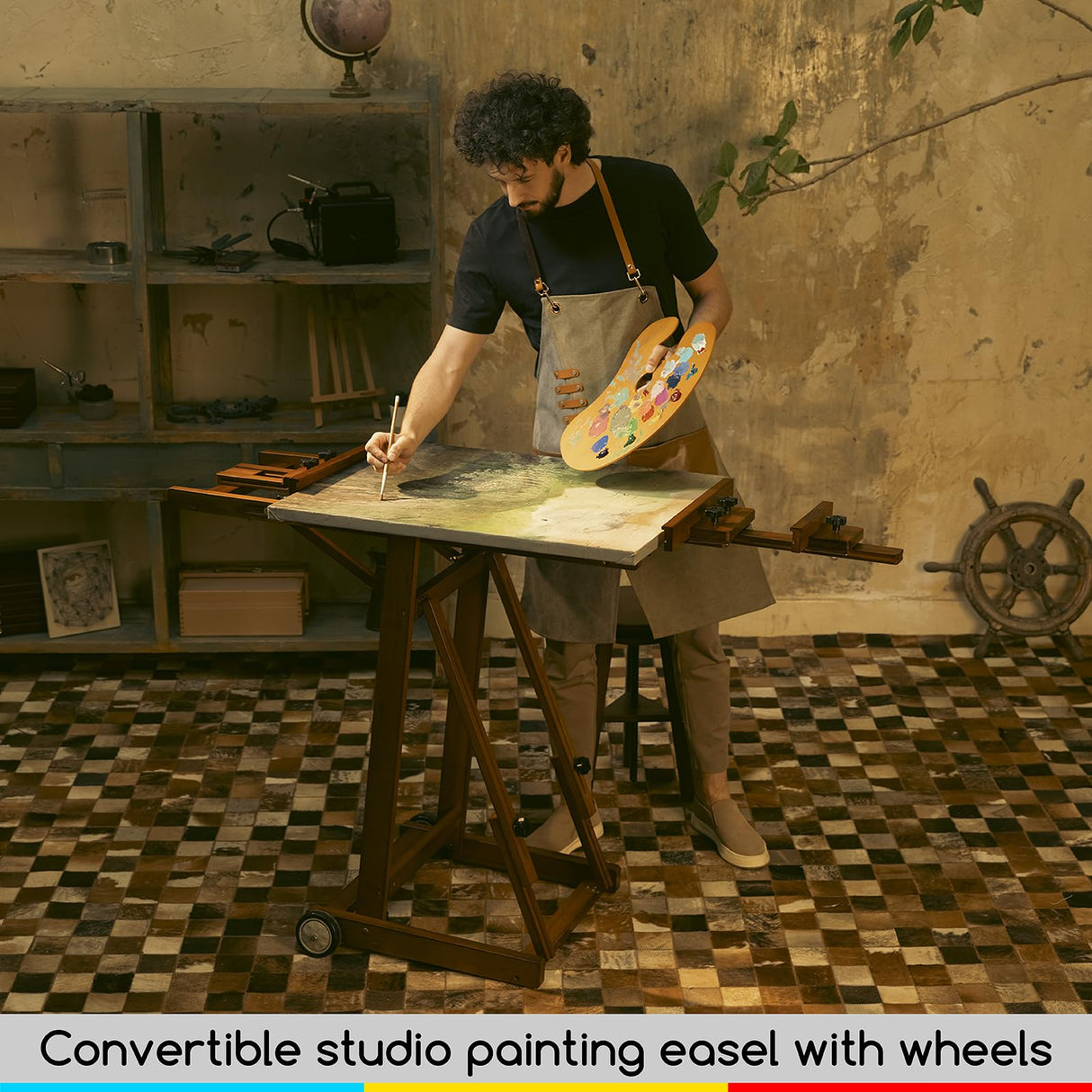 MEEDEN Studio H-Frame Easel -Adjustable Beech Wood Studio Art Easel, Painting Floor Easel Stand, Movable and Tilting Flat Available, Holds Canvas Art MEEDEN