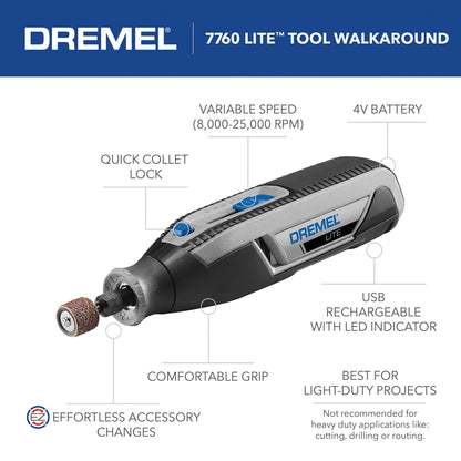 Dremel Lite 7760 N/10 4V Li-Ion Cordless Rotary Tool Variable Speed Multi-Purpose Rotary Tool Kit, USB Charging, Easy Accessory Changes - Perfect For - WoodArtSupply