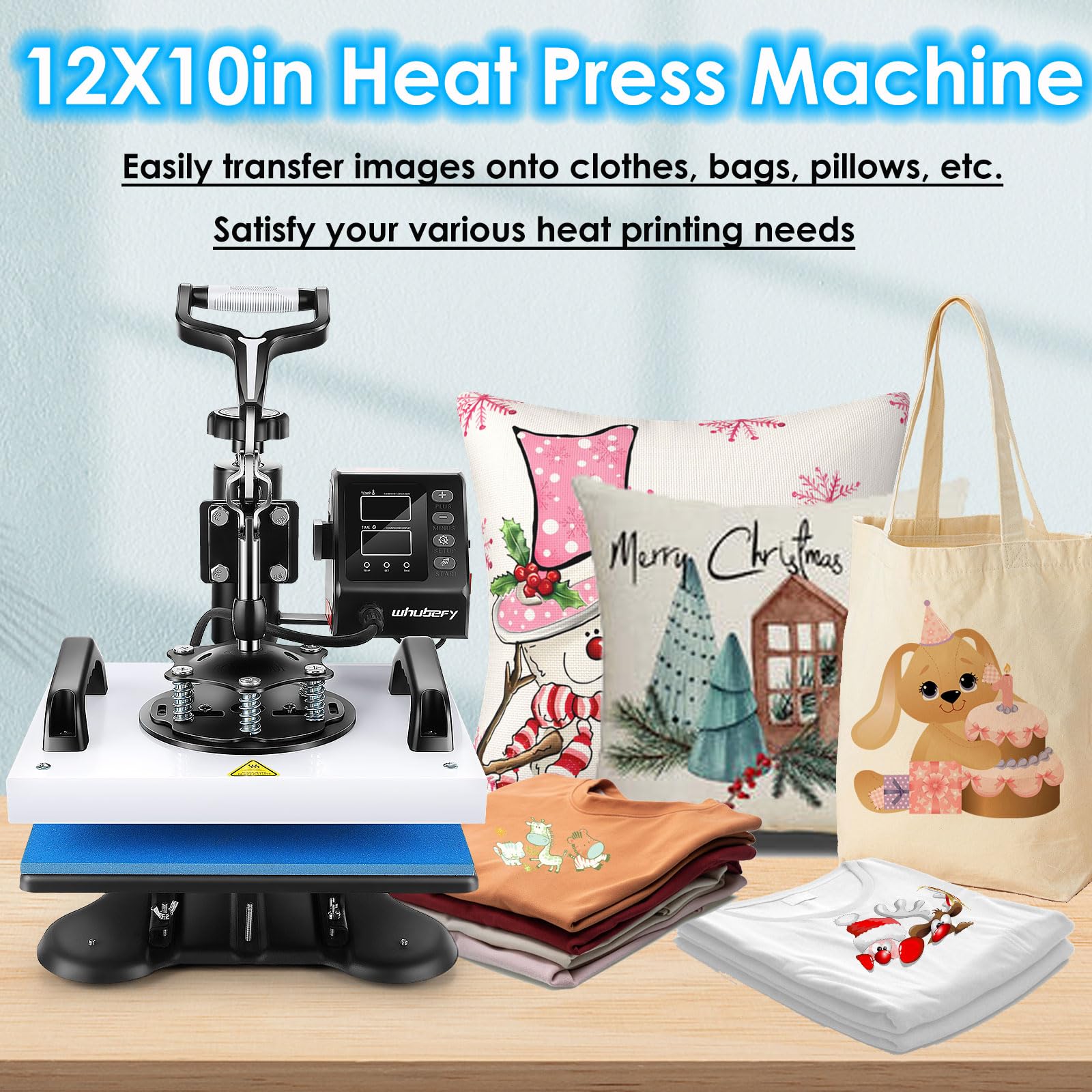 Whubefy Heat Press Machine for T Shirts 12x10", 650W Sublimation Shirt Press Machine, 360° Swing Away Printing Machine with Digital Temp Control, - WoodArtSupply