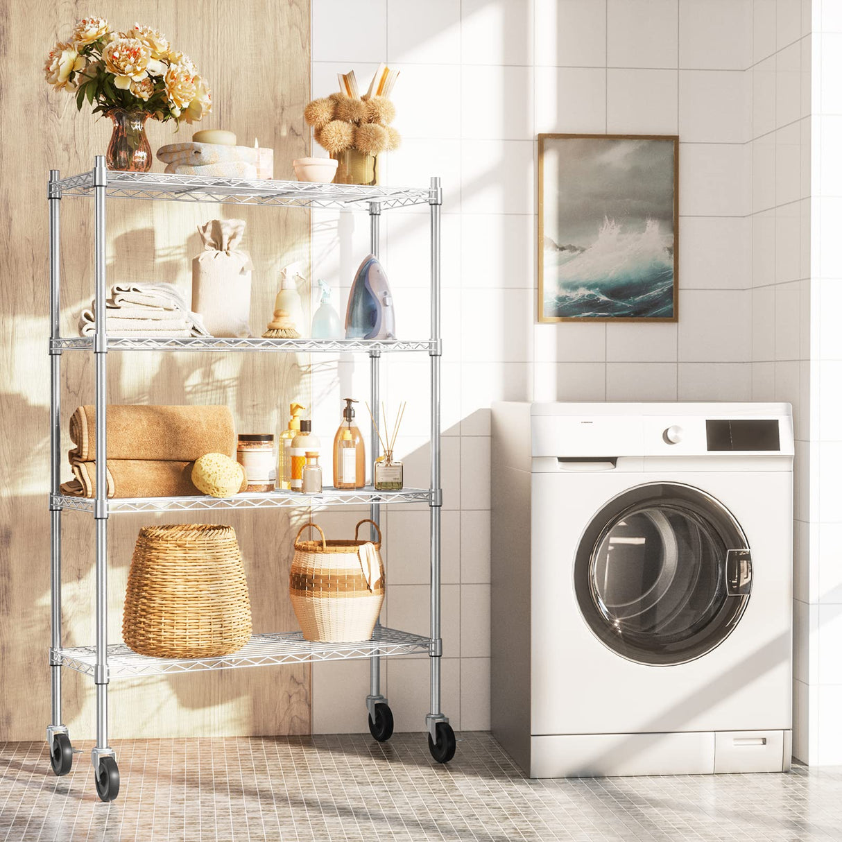 Auslar 4-Shelf Storage Shelves with Casters Heavy Duty 4 Tiers Rolling Cart Utility Racks Adjustable Wire Metal Shelving, Chrome Auslar