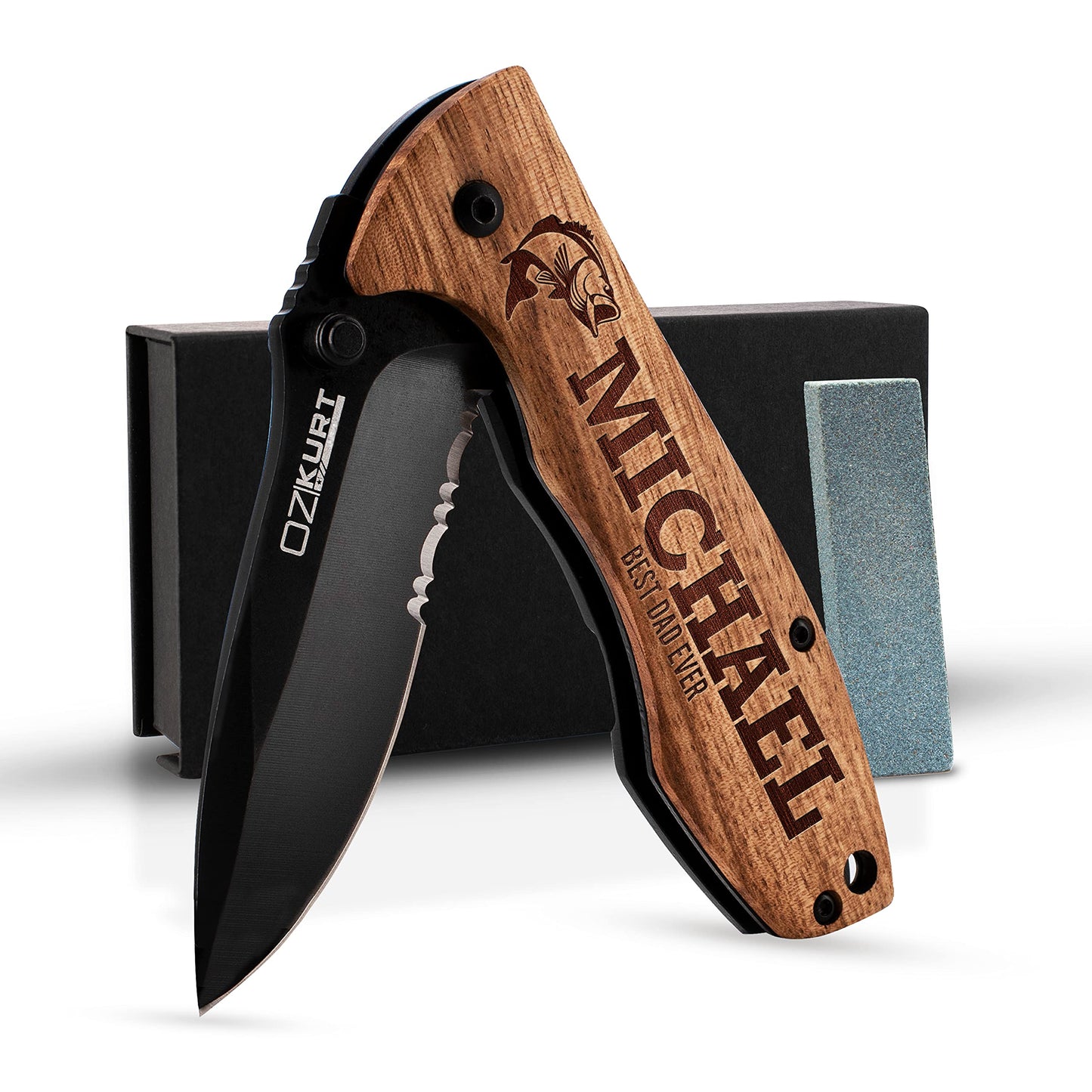 Gifts for Men, Personalized Engraved Oak Wood Pocket Knife - 36 Icons, 20 Stylish Font - Custom Knives - WoodArtSupply