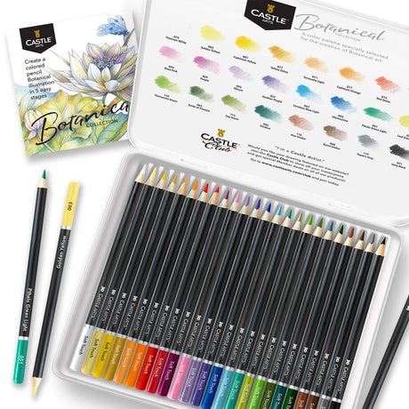 Castle Arts Themed 24 Colored Pencil Set in Tin Box, perfect colors for ‘Botanical’ Art. Featuring quality, smooth colored cores, superior blending & Castle Art Supplies