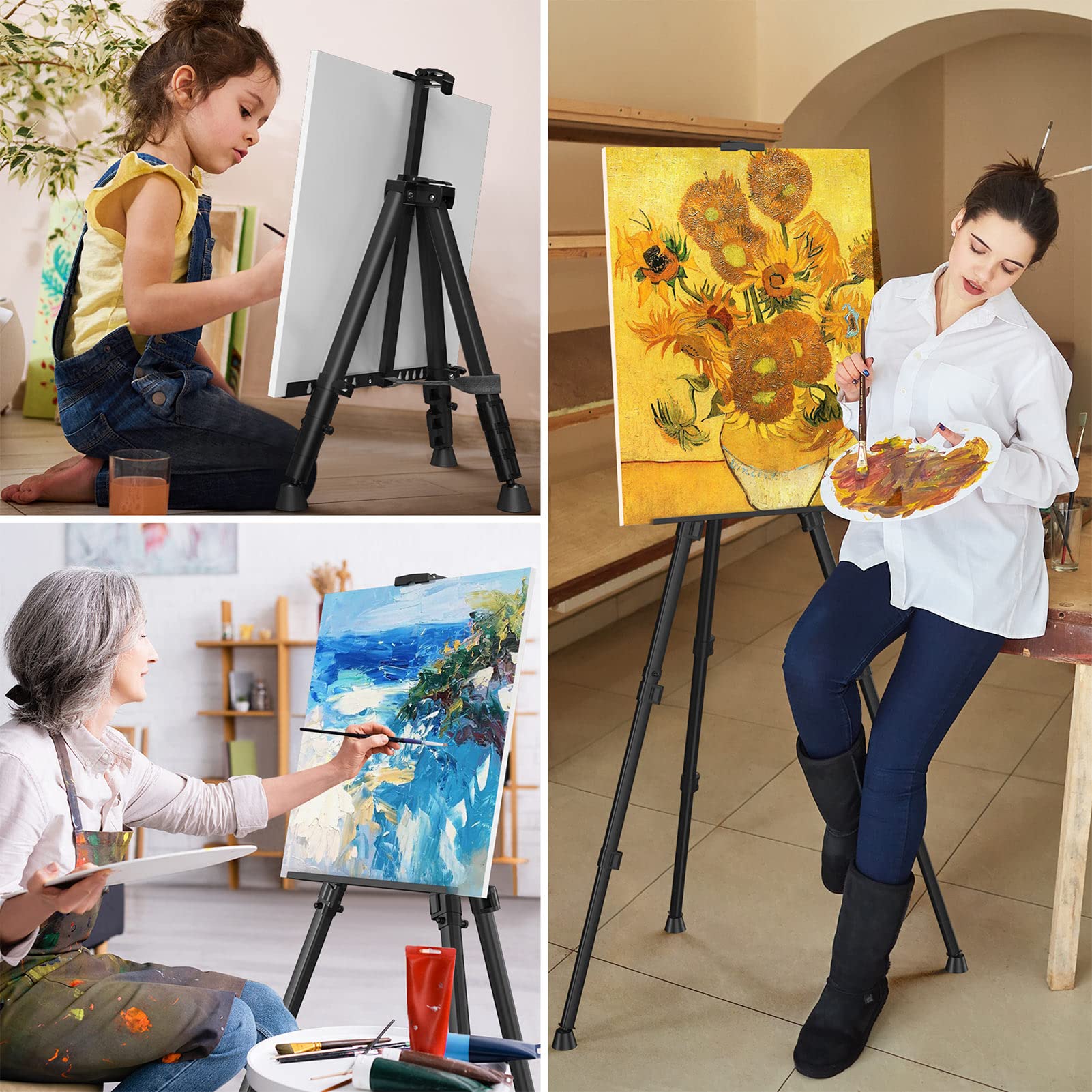 Art Painting Display Easel Stand - Portable Adjustable Aluminum Metal Tripod Artist Easel with Bag, Height from 17" to 66", Extra Sturdy for - WoodArtSupply