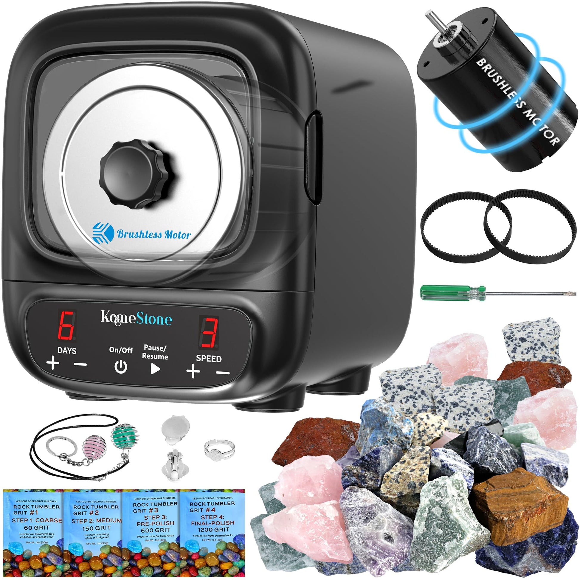 KomeStone K2 Elite Professional Rock Tumbler Kit, Ultra Quiet & Cutting Edge Brushless Motor Rock Polisher for Adults & Rock Collector, - WoodArtSupply