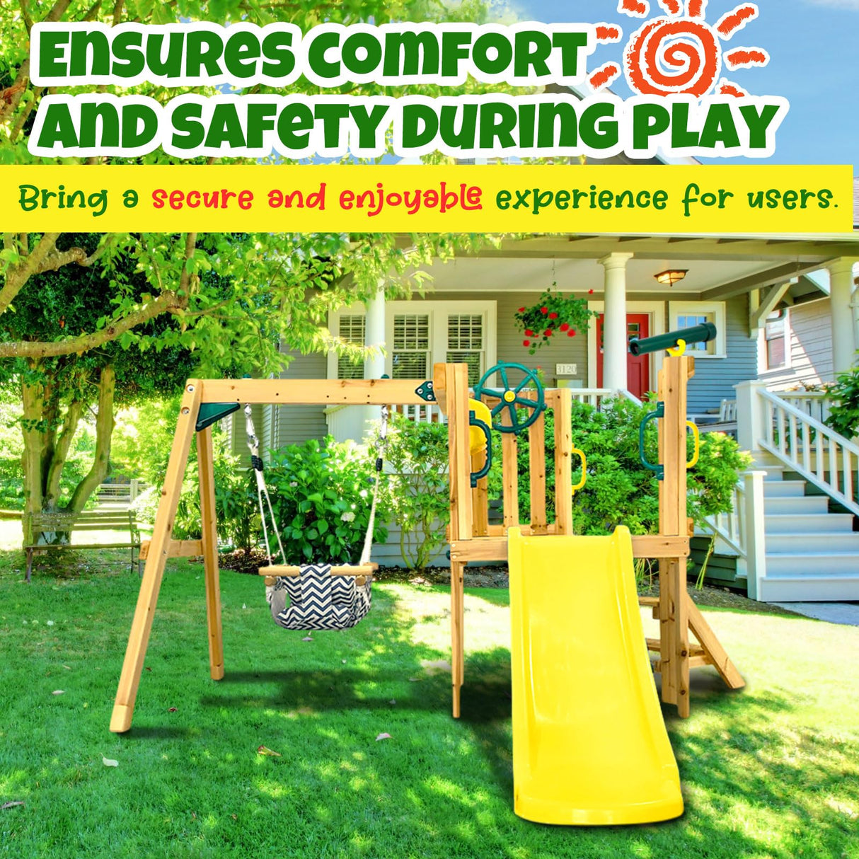 Motionchic 3 in 1 Wooden Swing Set Outdoor Playset Swing Set Kids Playground Playset with Baby Swing Seat, Toddler Slide, Captain's Wheel, Telescope, Motionchic