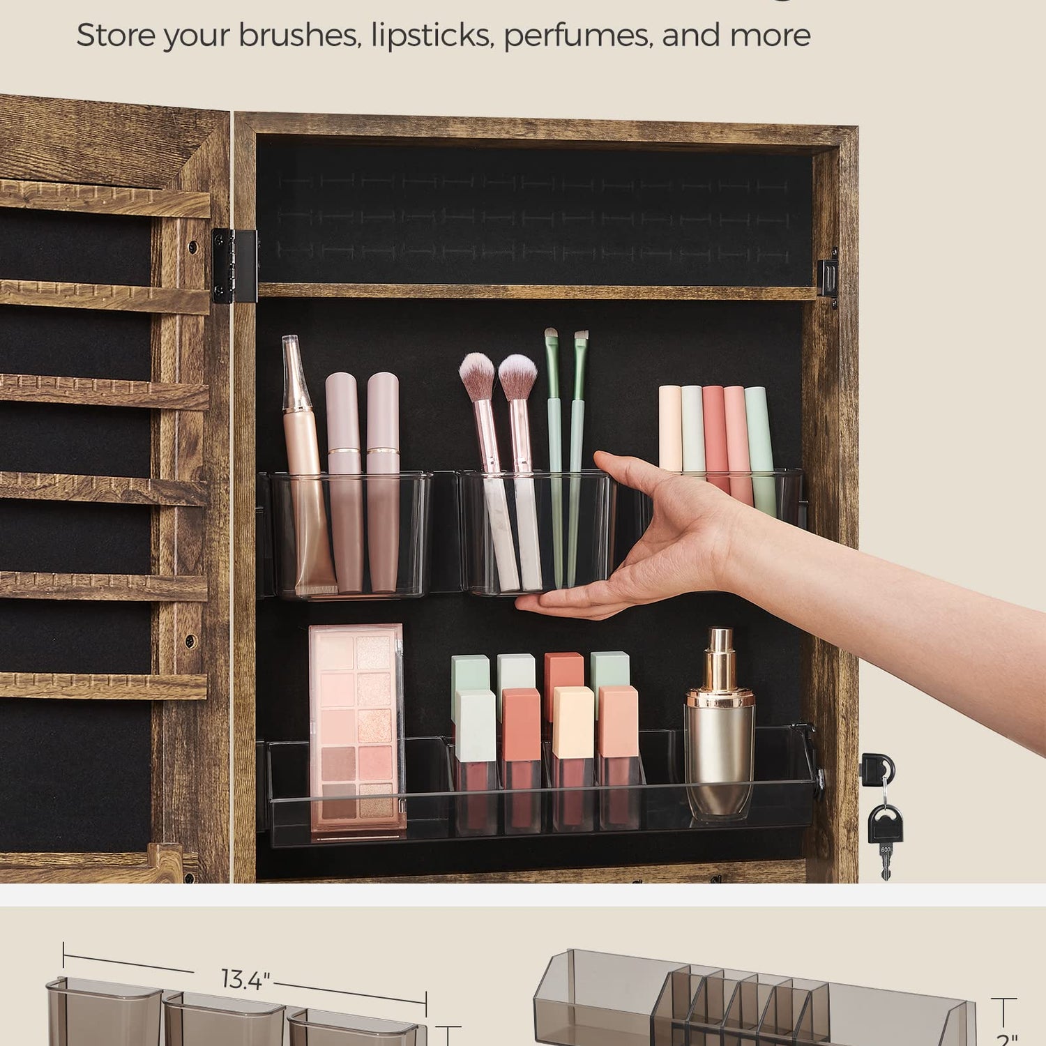 SONGMICS Jewelry Cabinet Armoire, Lockable Wall-Mounted Storage Organizer Unit with 2 Plastic Cosmetic Trays, Full-Length Frameless Mirror, Textured SONGMICS