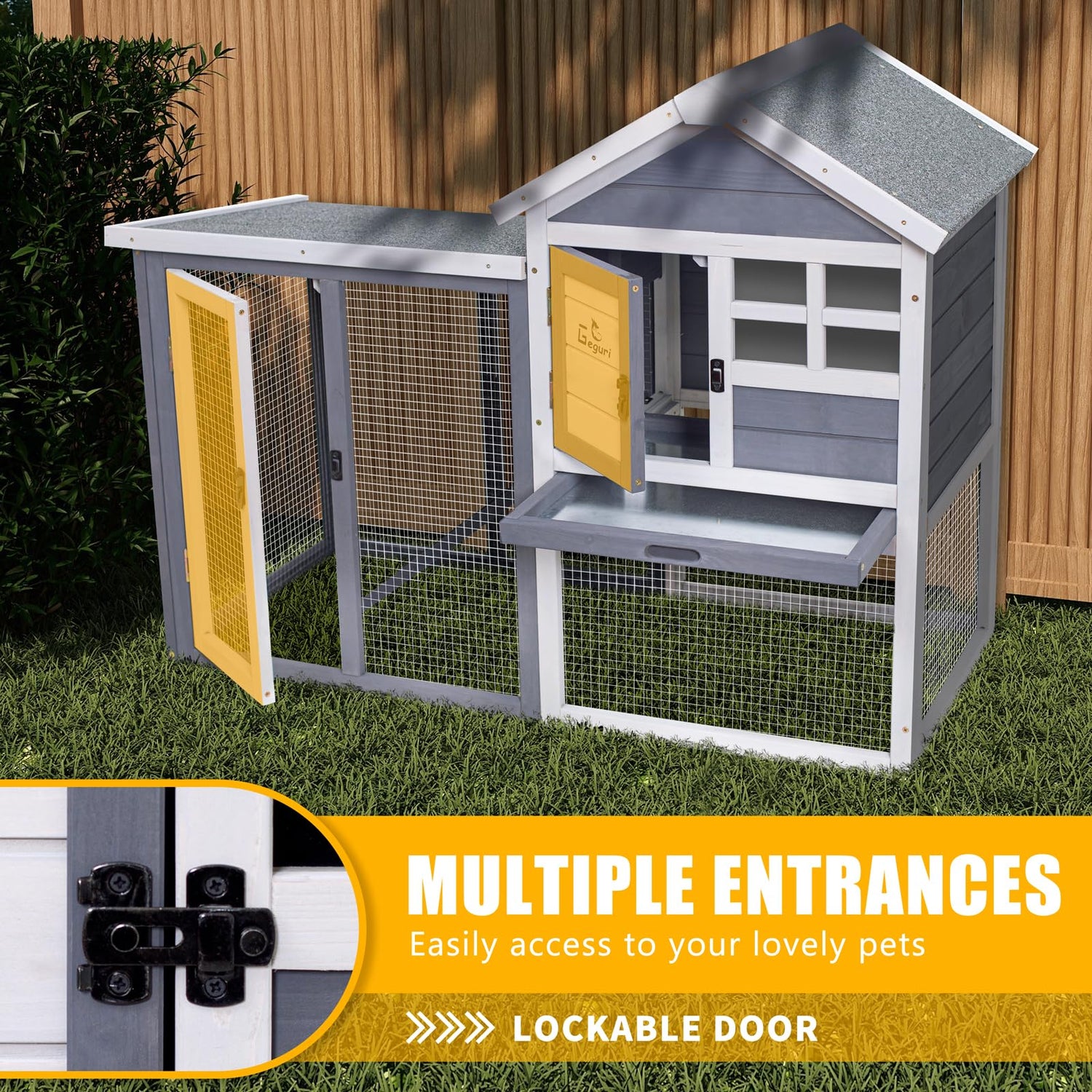 GEGURI Rabbit Hutch Indoor Rabbit Cage Outdoor, Chicken Coop Bunny Cage with Waterproof Roof, Pull Out Tray, Predator-Resistant Fencing GEGURI