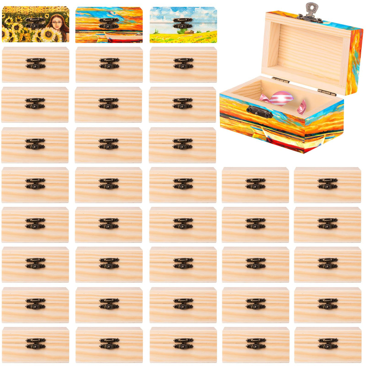 Thyle 48 Pcs Unfinished Small Wooden Box 3.54 x 1.97 x 2.17 Inch Treasure Boxes Wooden Mini Treasure Boxes Stash Wooden Box with Hinged Lid Locking Thyle