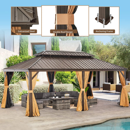 oneinmil 12x20FT Outdoor Gazebo, Heavy Duty Metal Double Roof Hardtop Gazebo with Aluminum Frame and Netting and Curtains for Patios - WoodArtSupply