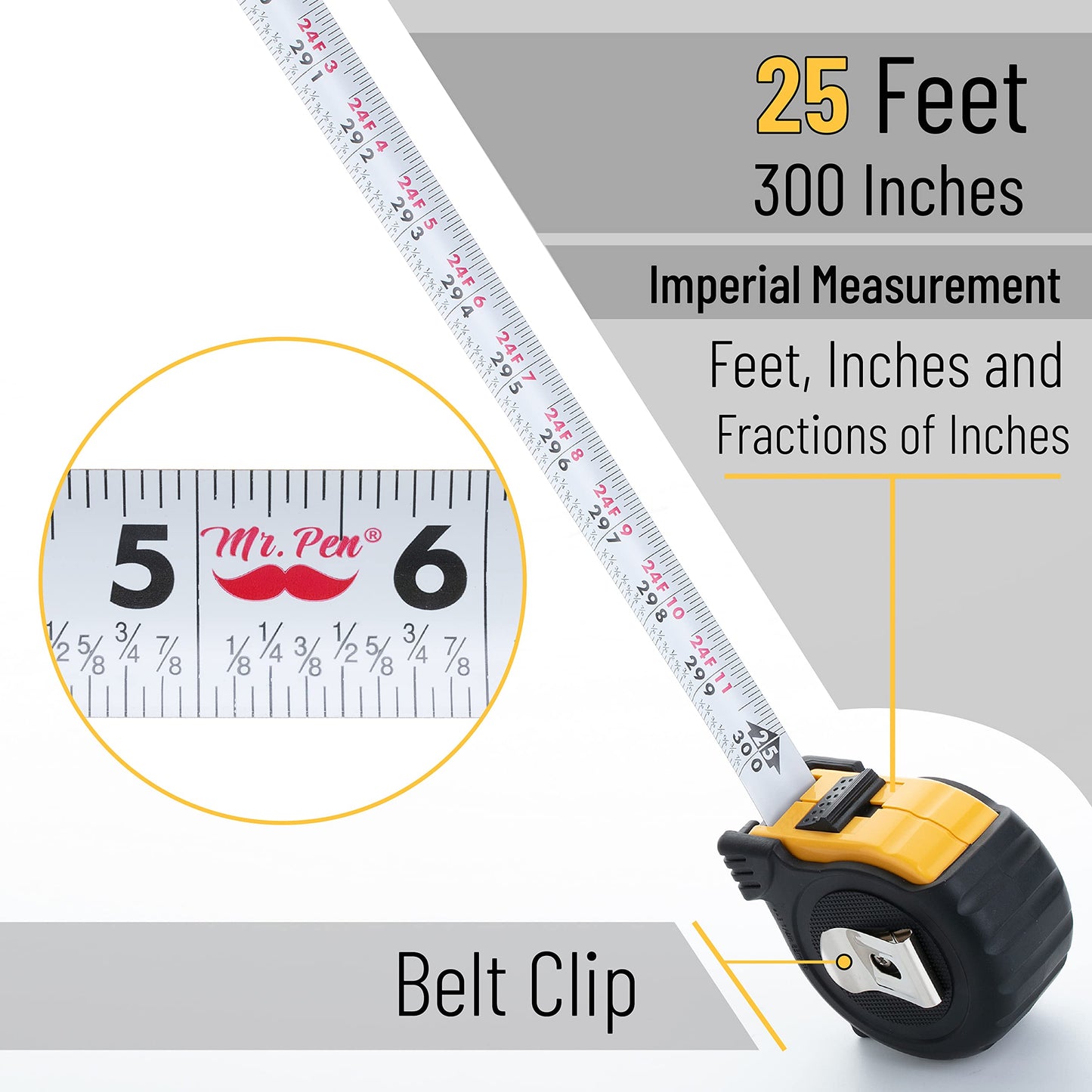 Mr. Pen- Tape Measure, 25-Foot, Steel Retractable Tape Measure with Fractions, Easy Read Tape Measure, Steel Tape Measure 25 ft