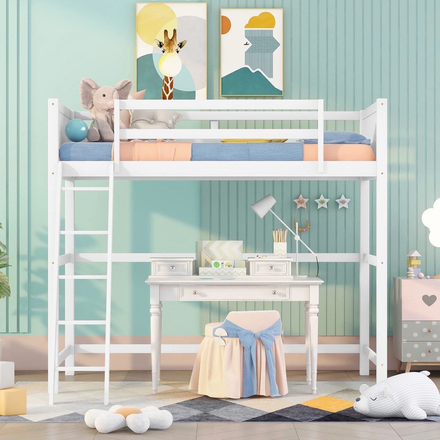 Stylish White Twin Loft Bed Frame with Angled Ladder by Harper & Bright Designs - WoodArtSupply