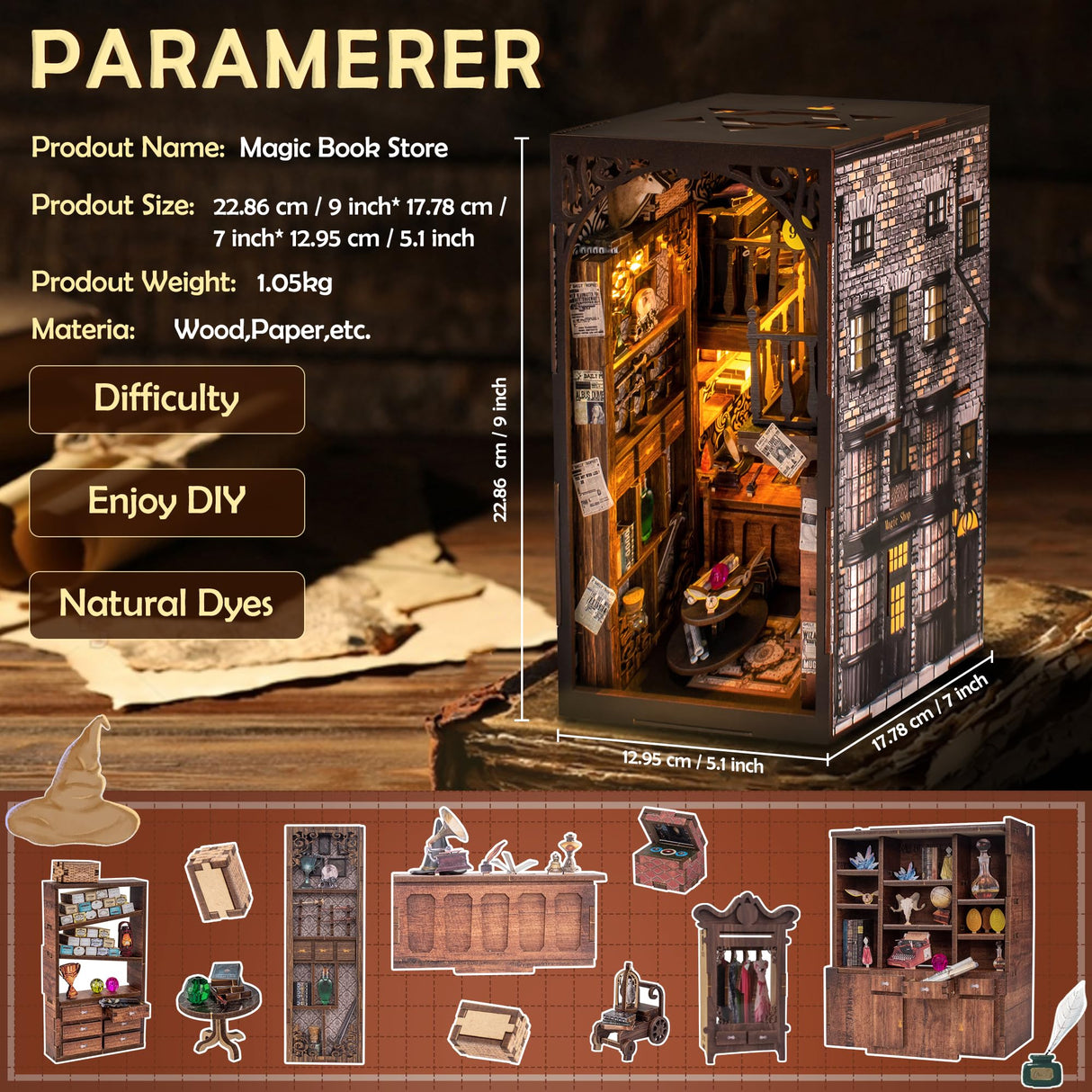 Wimlade DIY Book Nook Kit, Miniature Book Nook kit, Wooden 3D Puzzle Bookend Bookshelf Insert Decor, Halloween/Christmas Decorations/Gifts for Adults Wimlade