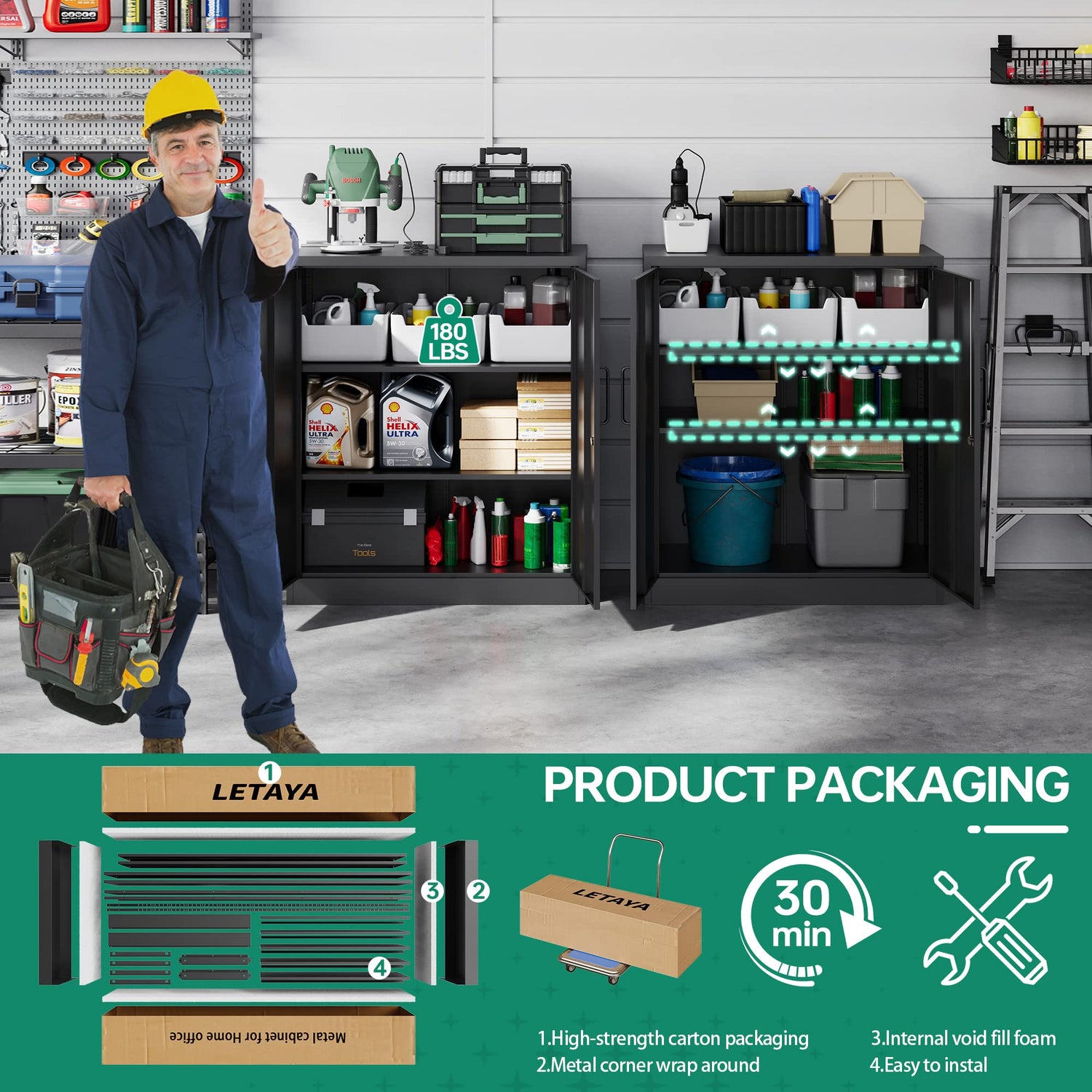 Letaya Metal Storage Cabinets with Lock, Small Locker Steel Cabinets, Adjustable Shelves 2 Doors for Home,Office, Warehouse,Garage(Black-36) Letaya