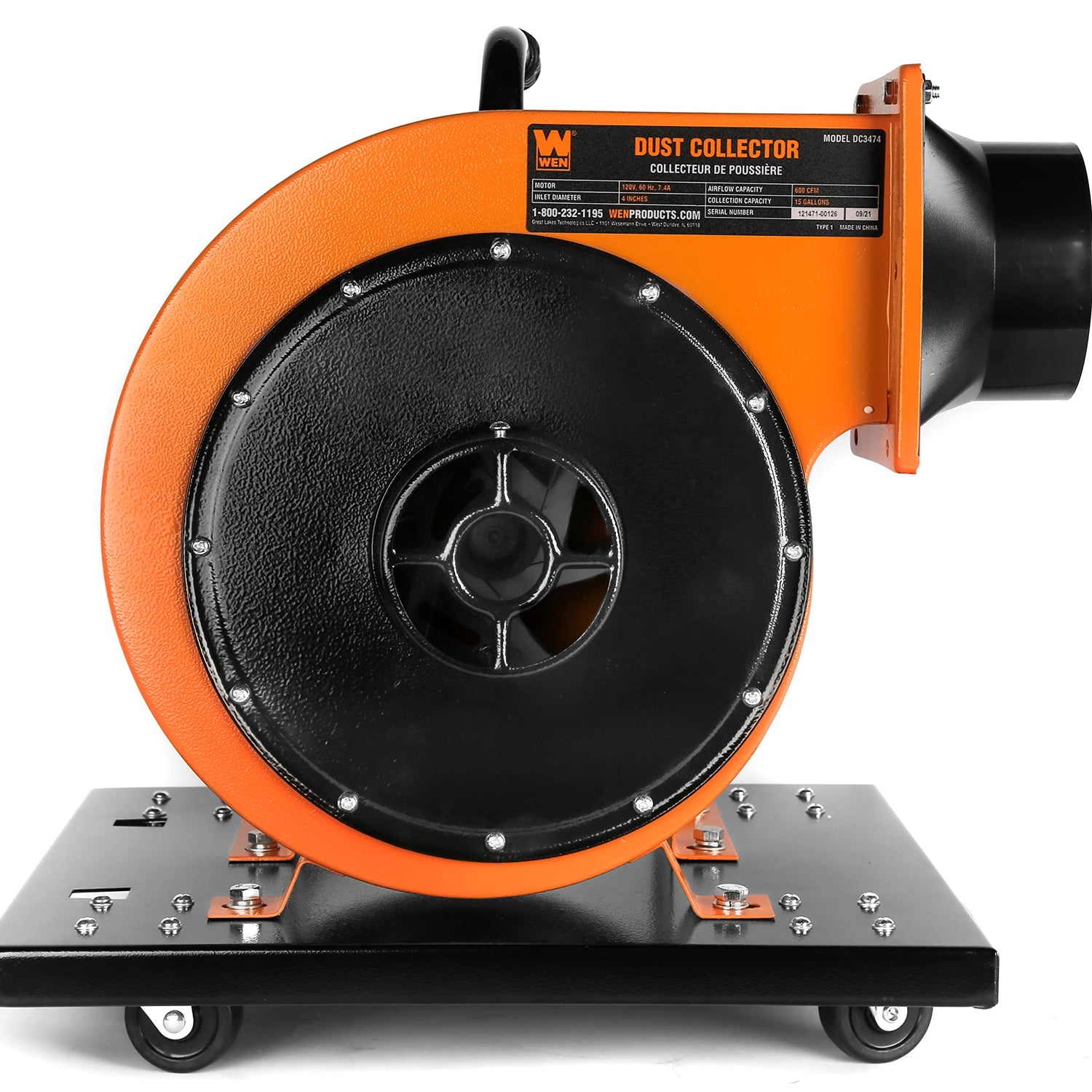 WEN DC3474 7.4-Amp Rolling Dust Collector with Induction Motor, 15-Gallon Bag and Optional Wall Mount , Black WEN