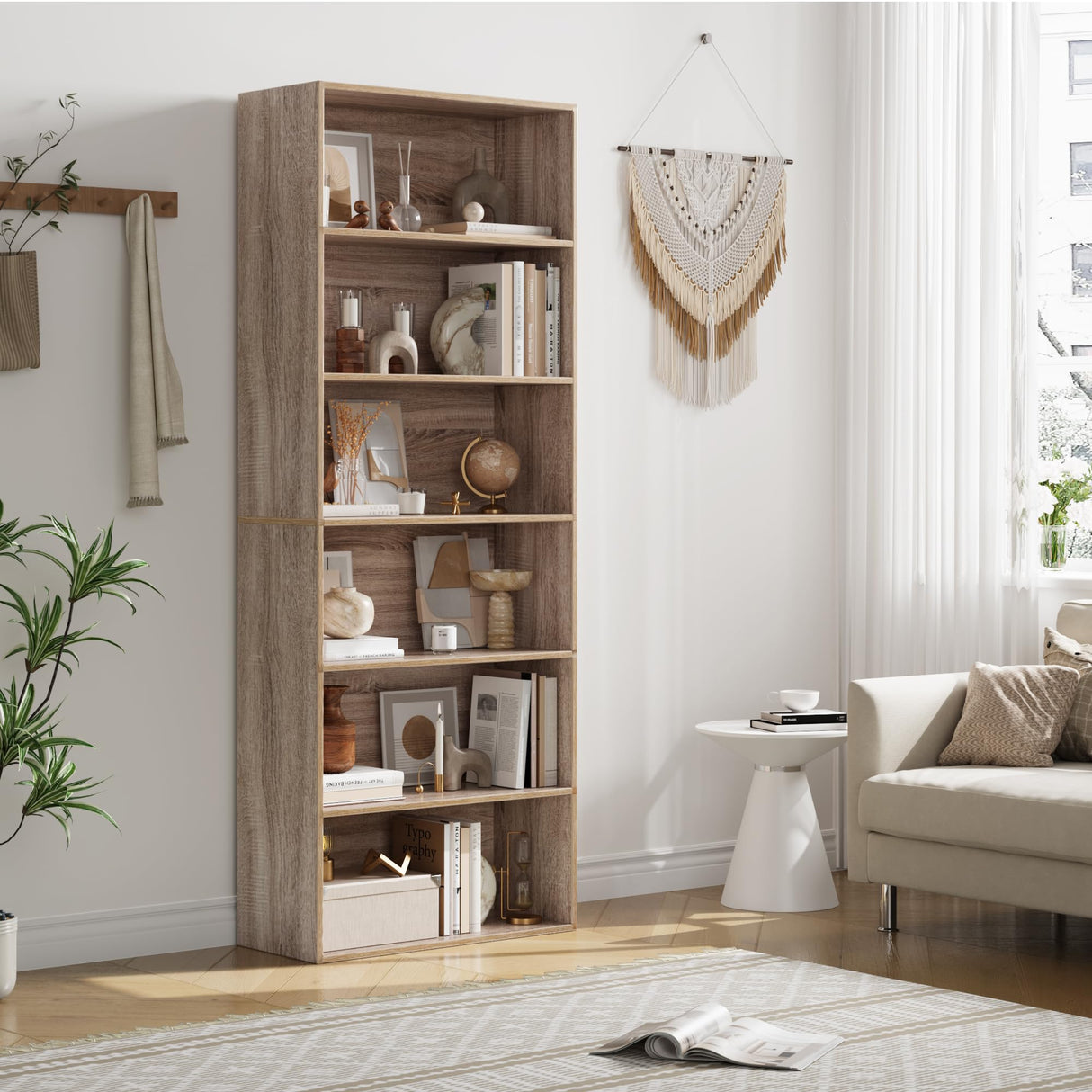 FOTOSOK 6-Tier Light Oak Open Bookcase - Freestanding Storage for Home & Office FOTOSOK