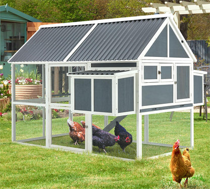 AECOJOY 84” Large Chicken Coop, Outdoor Wooden Hen House Poultry Cage Multi-Level Hutch w/ 2 Nesting Boxes, Ramps, Run, Wire Fence, Removable Tray for Easy Cleaning