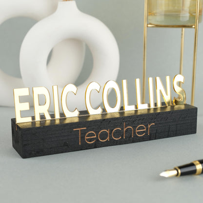 Personalized Desk Name Plate, Office Desk Sign, Custom Gold Acrylic on Black Wood Desk Name Plate - Personalized Office Decor - WoodArtSupply