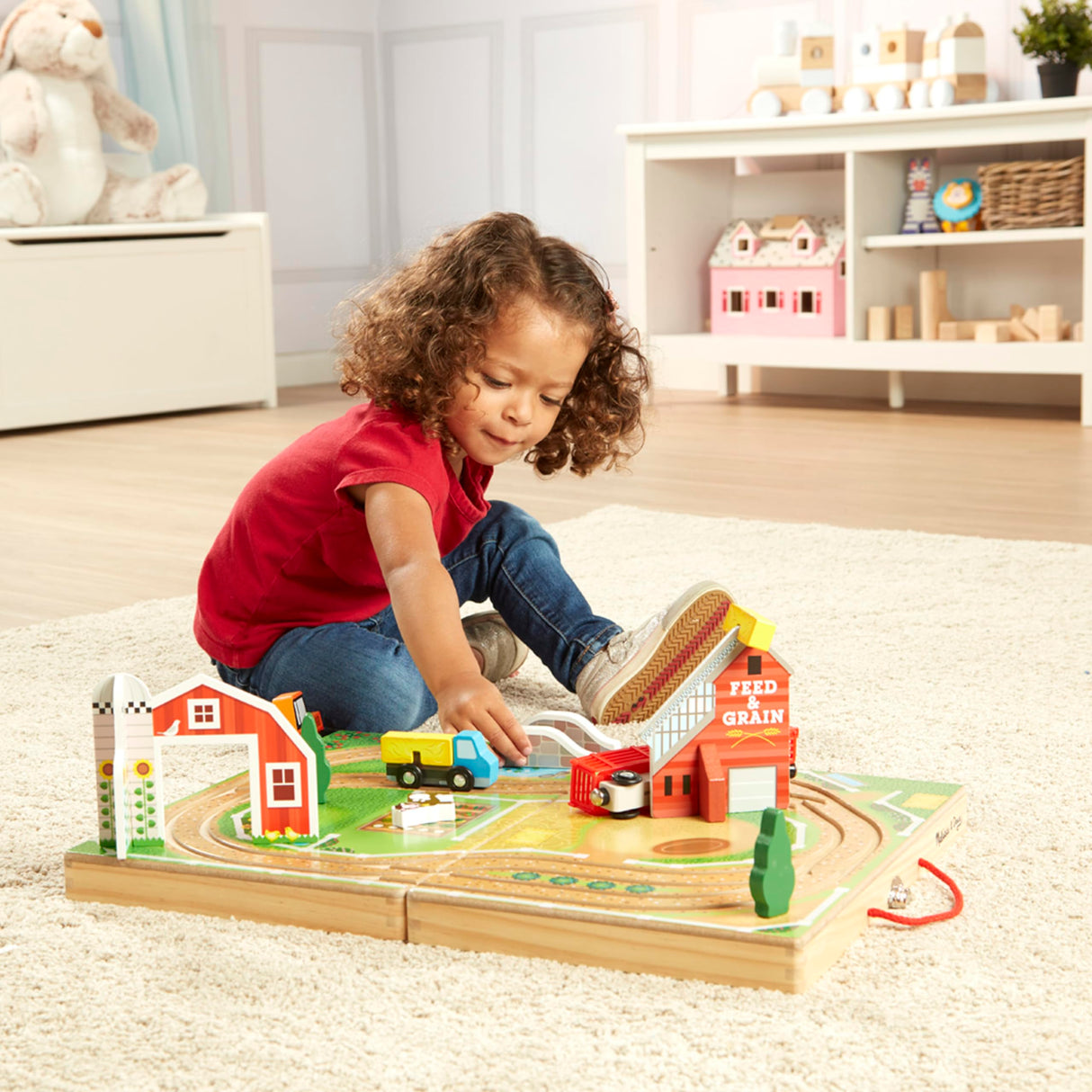 Melissa & Doug 17-Piece Wooden Take-Along Tabletop Farm, 4 Farm Vehicles, Play Pieces , Grain House - Take-Along Pretend Play Toy Barn Farm Toys For Melissa & Doug